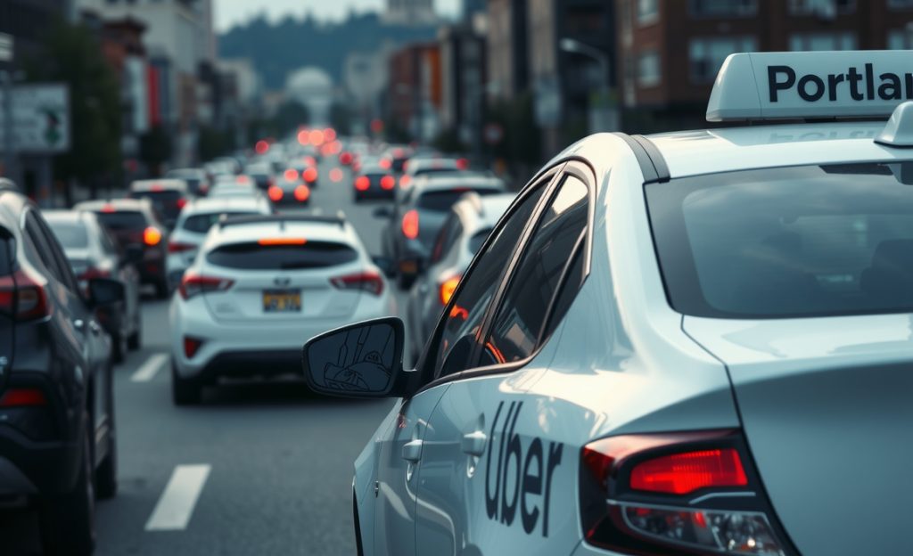 A Portland Uber in busy traffic.