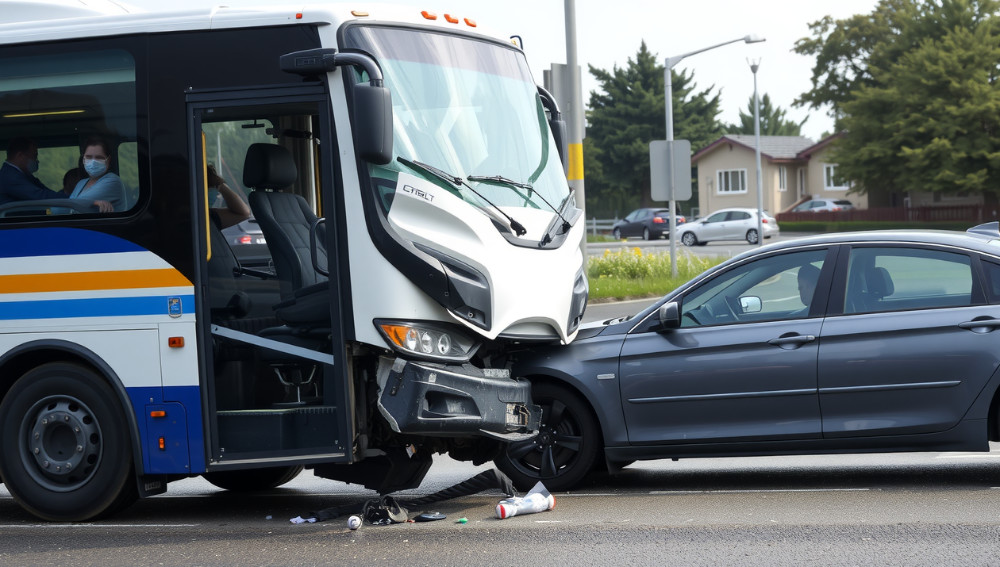 Crash between a bus and a car.