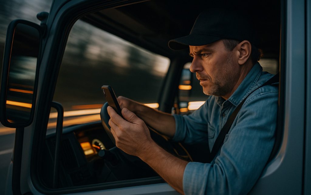 Speeding truck driver checking deadlines on his phone.