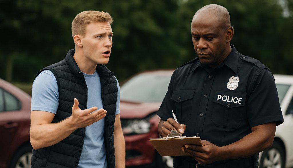 Police officer asking driver about crash and writing basic collision report.