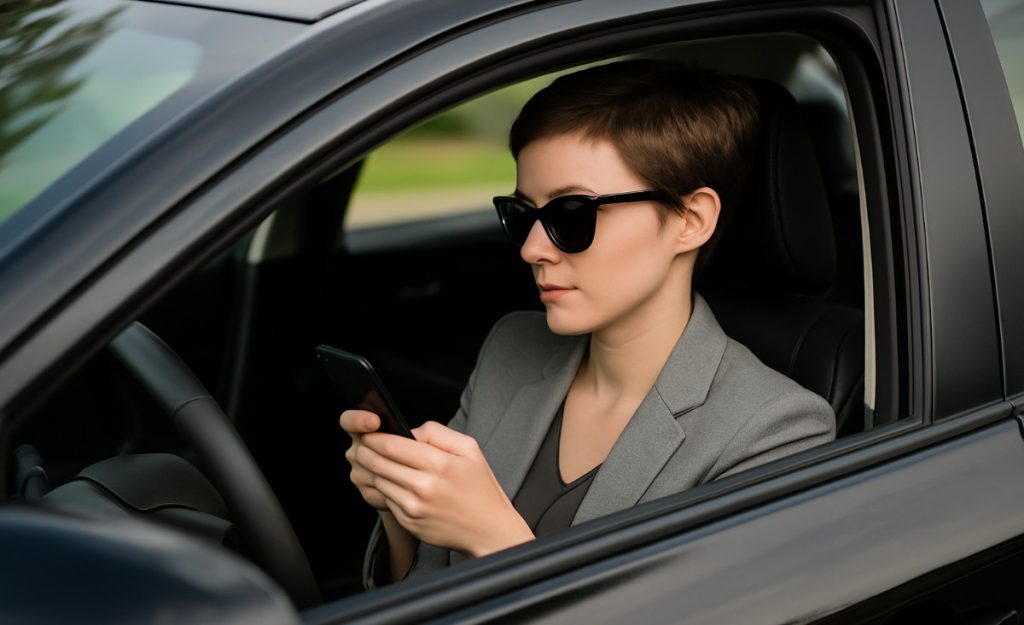 Distracted driver texting while behind the wheel of her car.