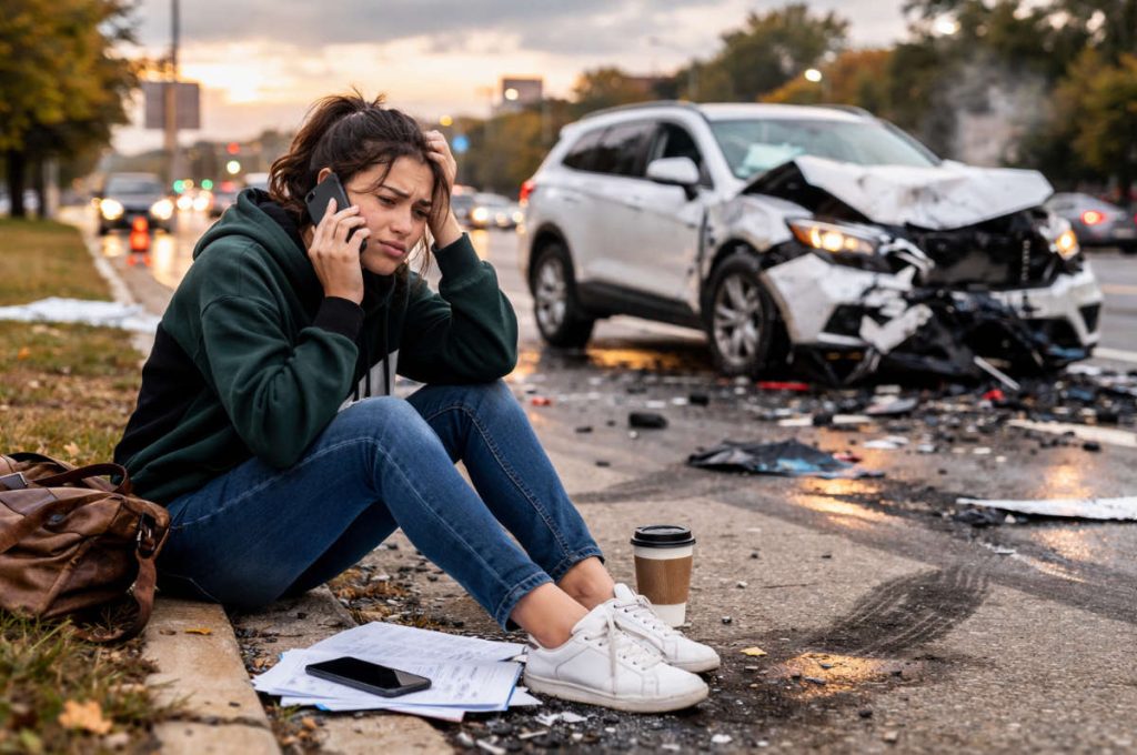 Motorist calling a lawyer after an out-of-state car accident.