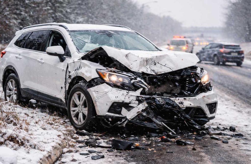 Crashed vehicle on winter road.