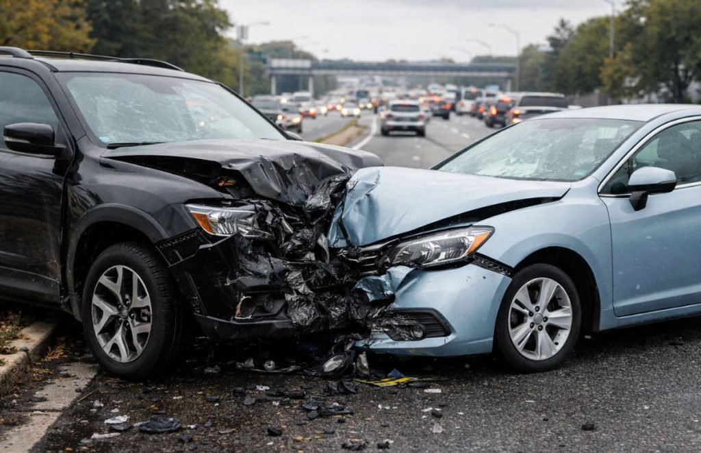 Motor vehicle crash on a busy road.