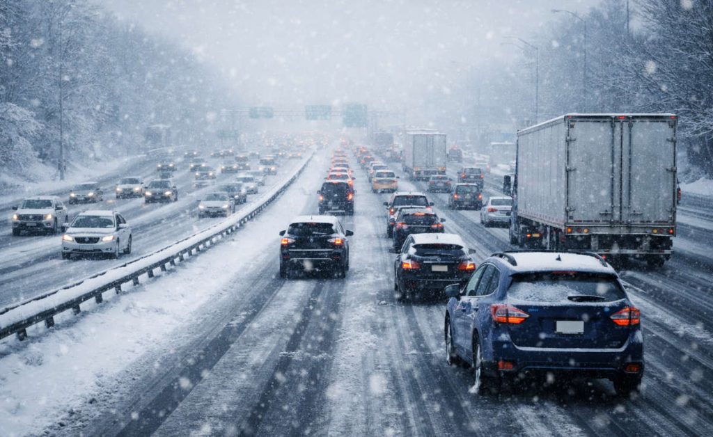 Busy road; slow traffic due to snow.