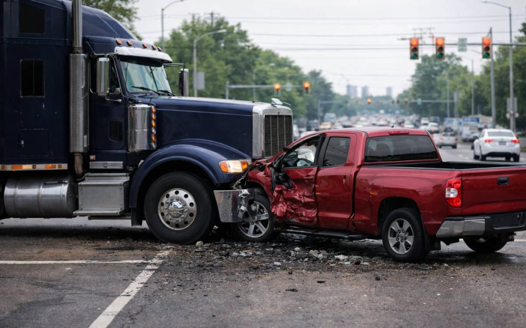 Crash between truck and pick-up in an intersection.
