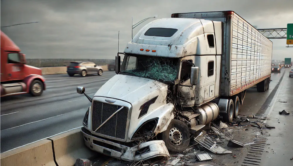 A damaged 16-wheeler truck after an accident.