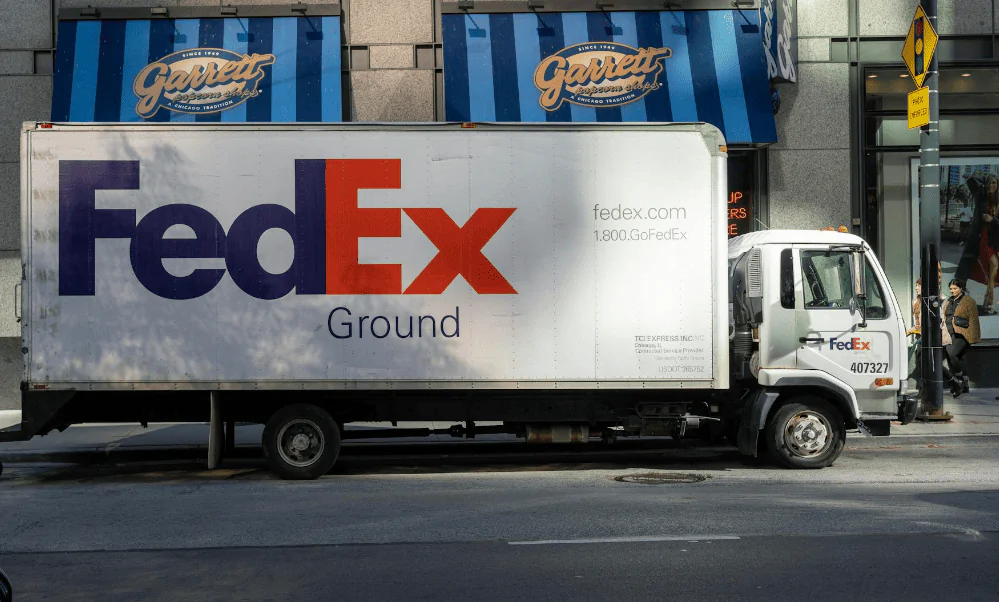 A stationary FedEx truck.