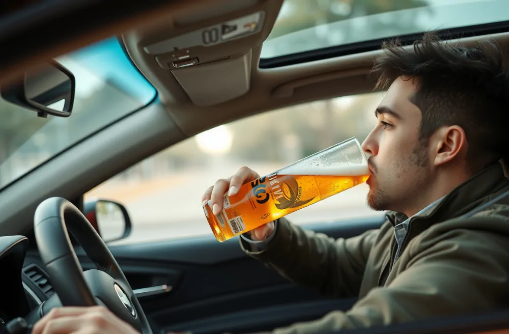 Motorist drinking beer while behind the wheel.