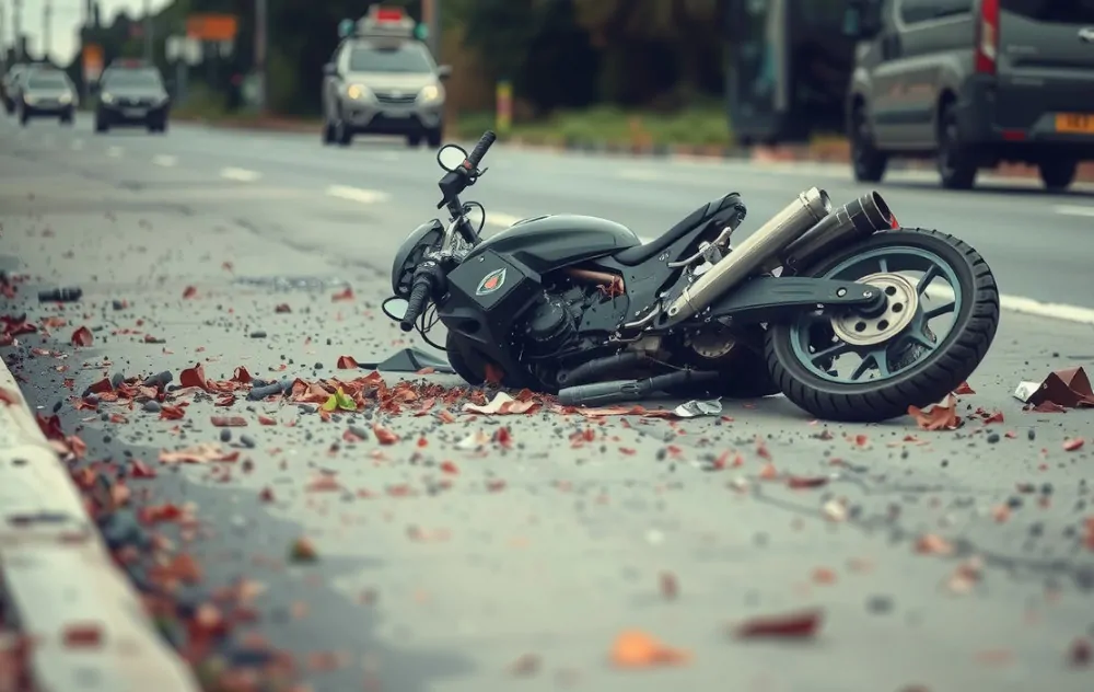A crashed motorcycle after an accident.