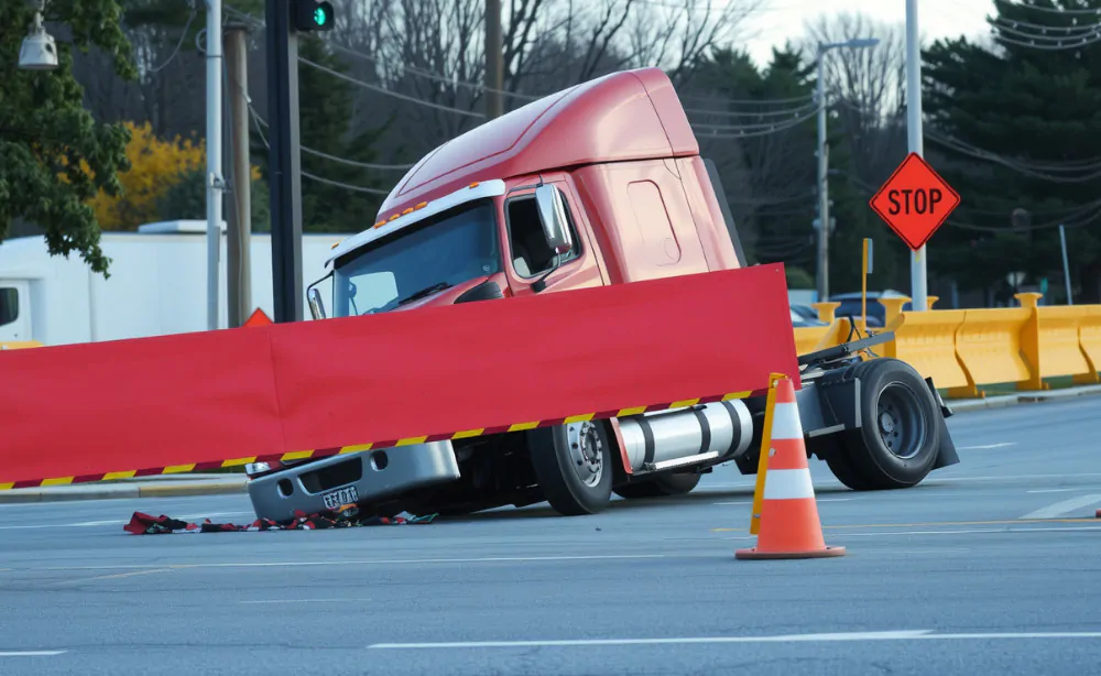 Damaged truck after an accident in a construction zone.