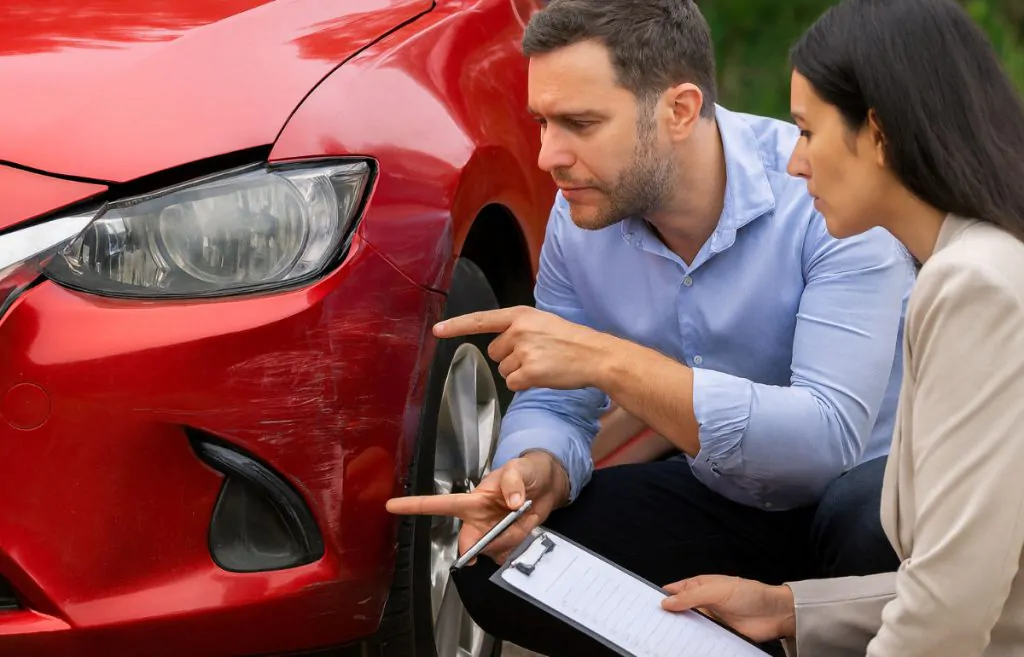 Insurance adjuster and motorist discussing damage on a car after an accident.
