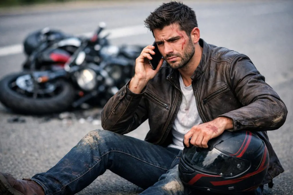 Injured motorcyclist calling attorney after motorcycle crash.