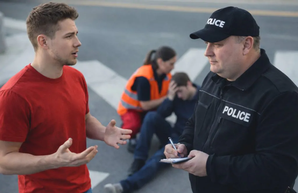Police officer getting a written testimony from an accident witness.