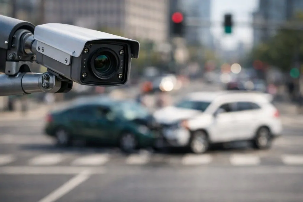 Traffic camera and car accident in a busy intersection.