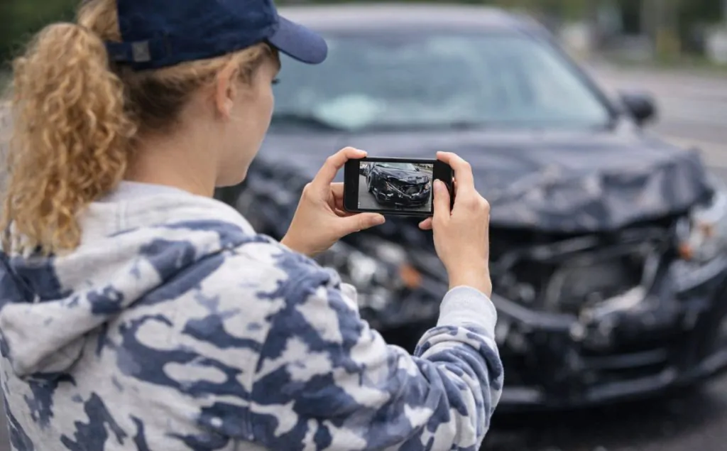 Documenting damage after a car accident.