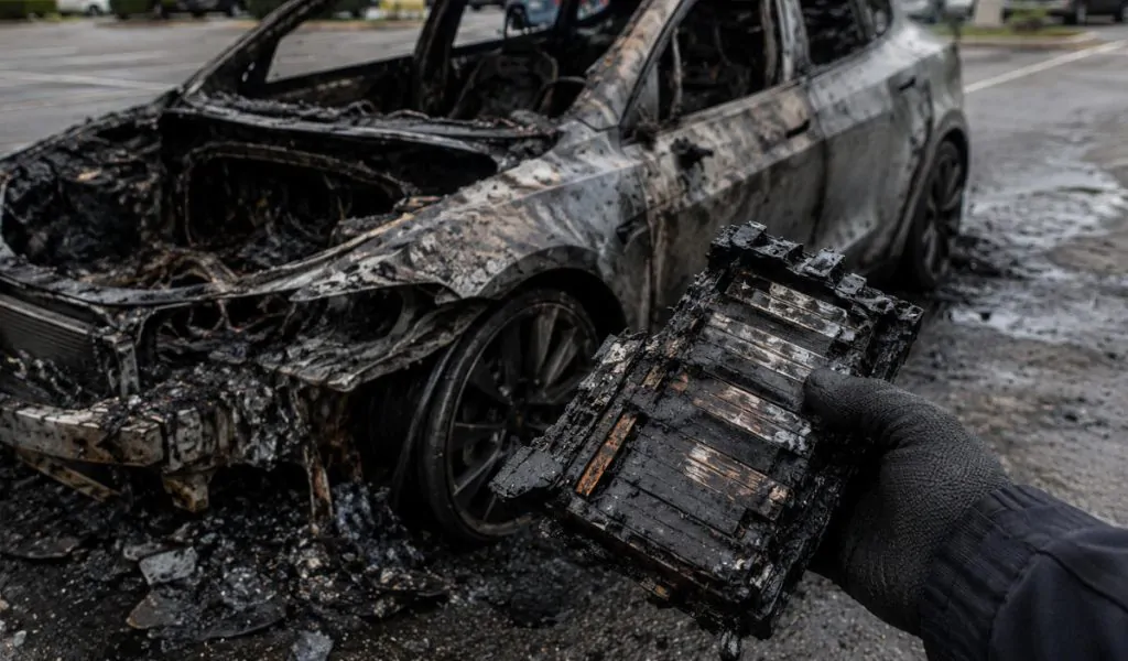 Burned EV vehicle battery.