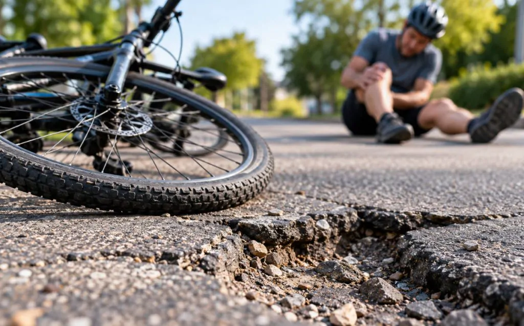 Injured cyclist due to road defect.